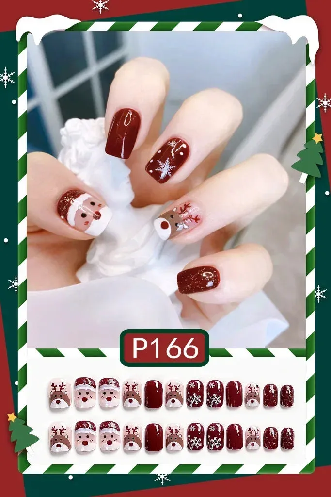 Wenkouban-24Pcs Christmas New Purple Rabbit Cute Short False Nails Tips Snowman Elk Pattern Design Wearable Fake Nails Press On Nail Art