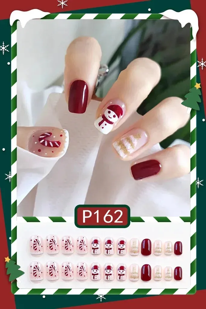 Wenkouban-24Pcs Christmas New Purple Rabbit Cute Short False Nails Tips Snowman Elk Pattern Design Wearable Fake Nails Press On Nail Art