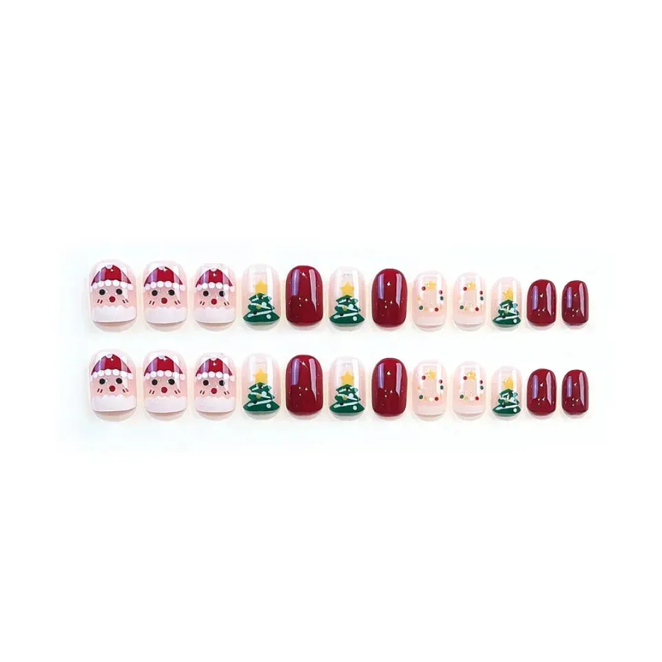 Wenkouban-24Pcs Christmas New Purple Rabbit Cute Short False Nails Tips Snowman Elk Pattern Design Wearable Fake Nails Press On Nail Art