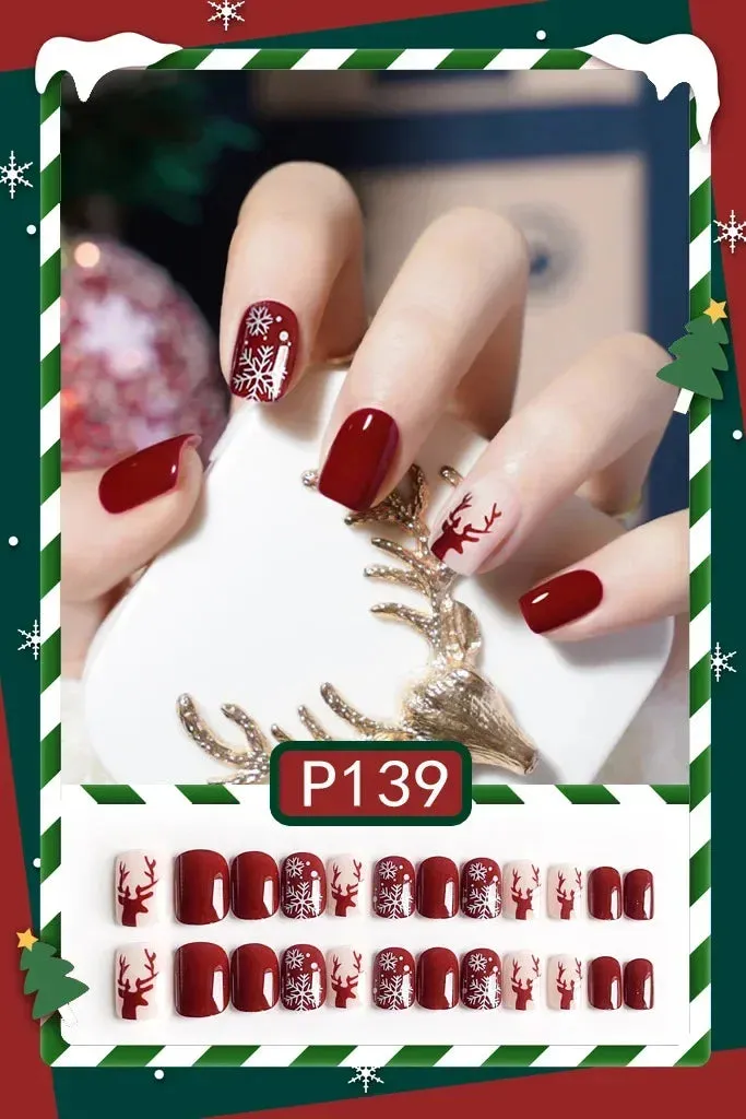 Wenkouban-24Pcs Christmas New Purple Rabbit Cute Short False Nails Tips Snowman Elk Pattern Design Wearable Fake Nails Press On Nail Art