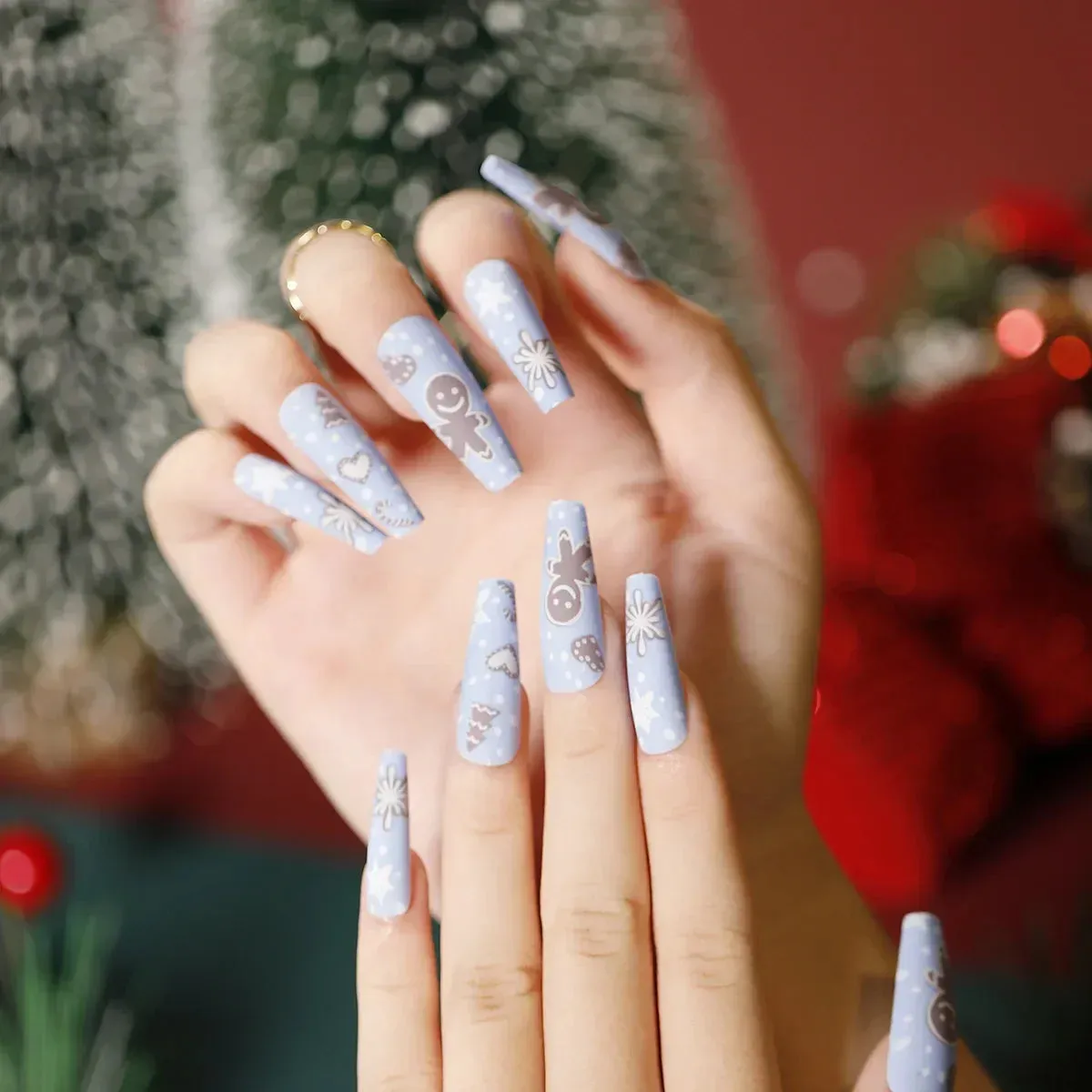 Wenkouban-24Pcs Christmas New Purple Rabbit Cute Short False Nails Tips Snowman Elk Pattern Design Wearable Fake Nails Press On Nail Art