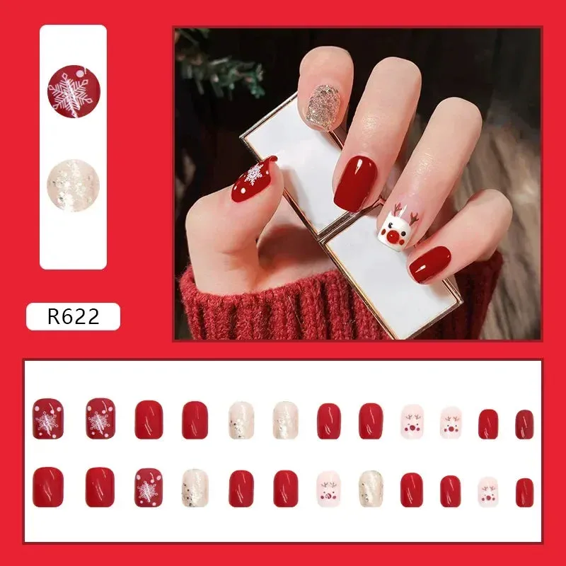 Wenkouban-24Pcs Christmas New Purple Rabbit Cute Short False Nails Tips Snowman Elk Pattern Design Wearable Fake Nails Press On Nail Art