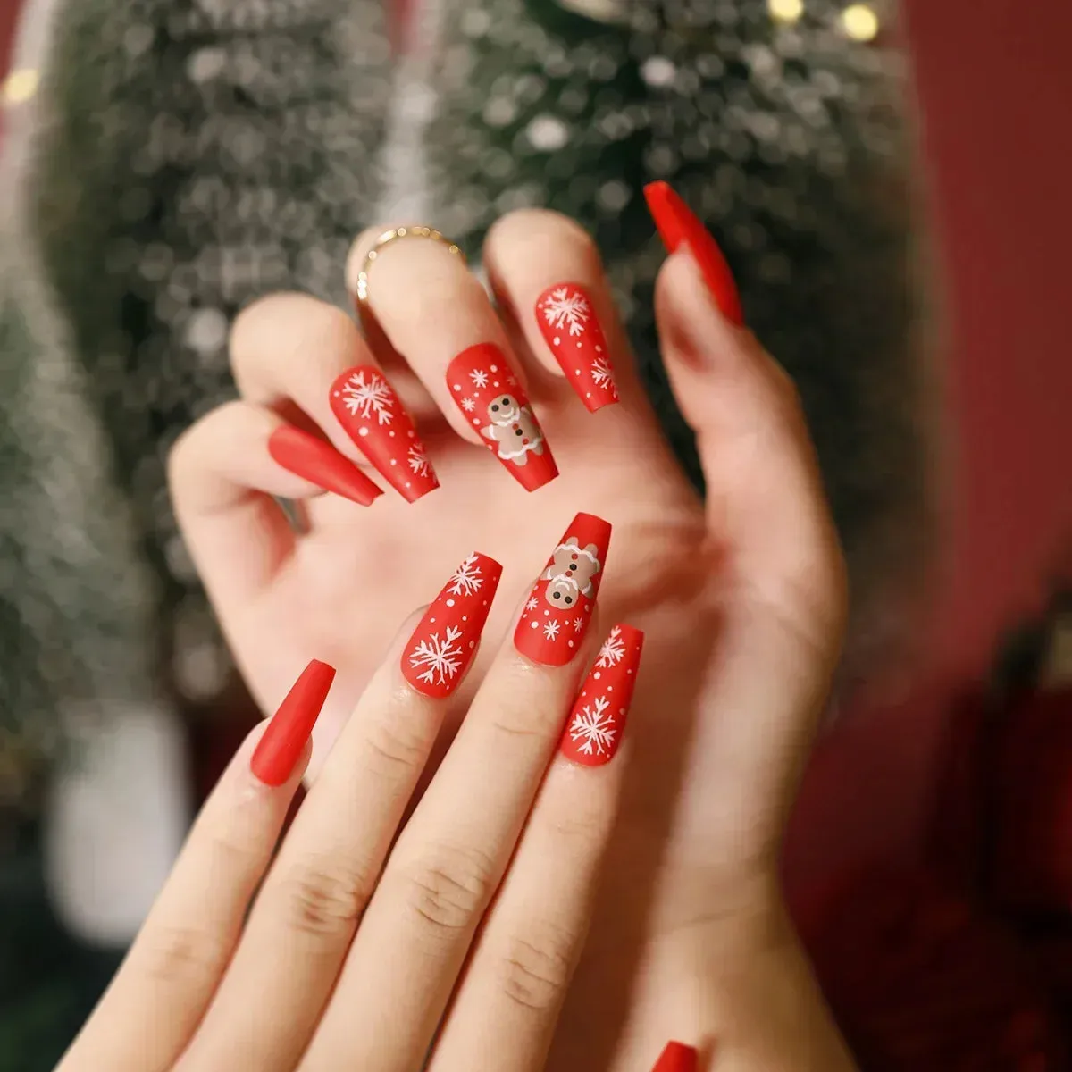 Wenkouban-24Pcs Christmas New Purple Rabbit Cute Short False Nails Tips Snowman Elk Pattern Design Wearable Fake Nails Press On Nail Art