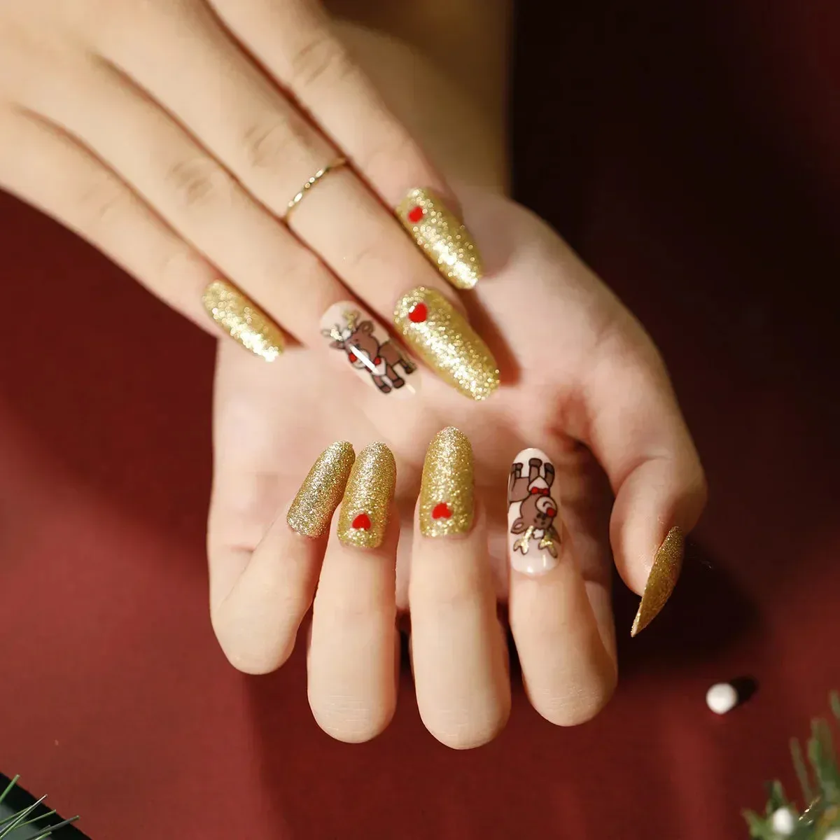Wenkouban-24Pcs Christmas New Purple Rabbit Cute Short False Nails Tips Snowman Elk Pattern Design Wearable Fake Nails Press On Nail Art