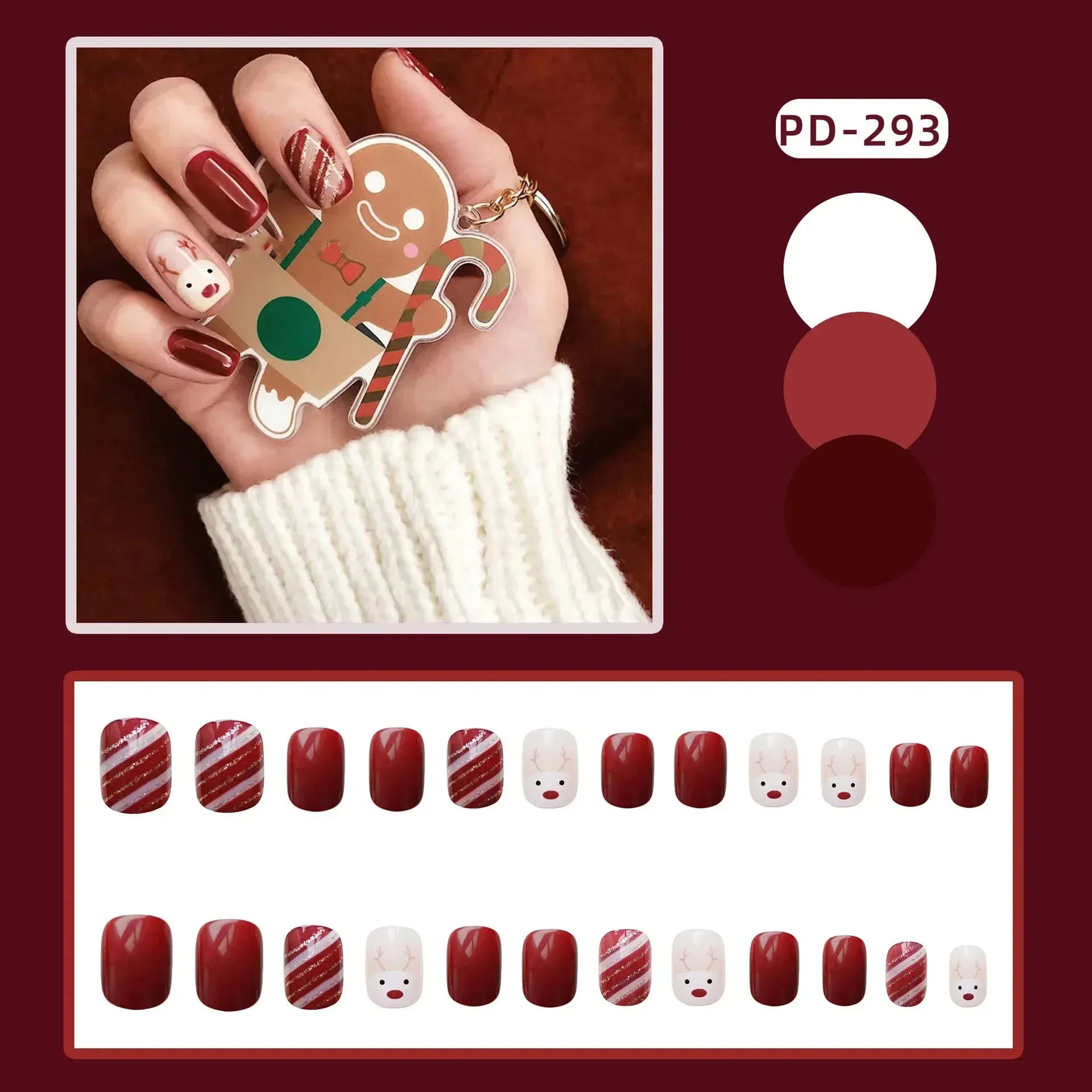 Wenkouban-24Pcs Christmas New Purple Rabbit Cute Short False Nails Tips Snowman Elk Pattern Design Wearable Fake Nails Press On Nail Art