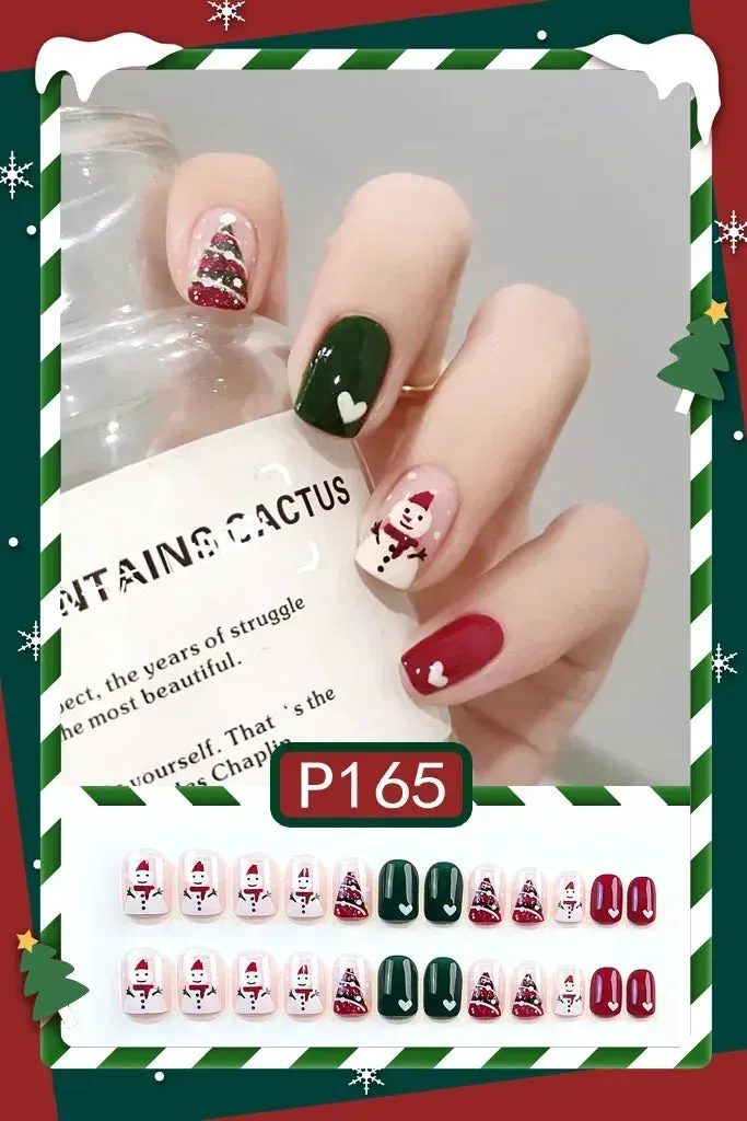 Wenkouban-24Pcs Christmas New Purple Rabbit Cute Short False Nails Tips Snowman Elk Pattern Design Wearable Fake Nails Press On Nail Art