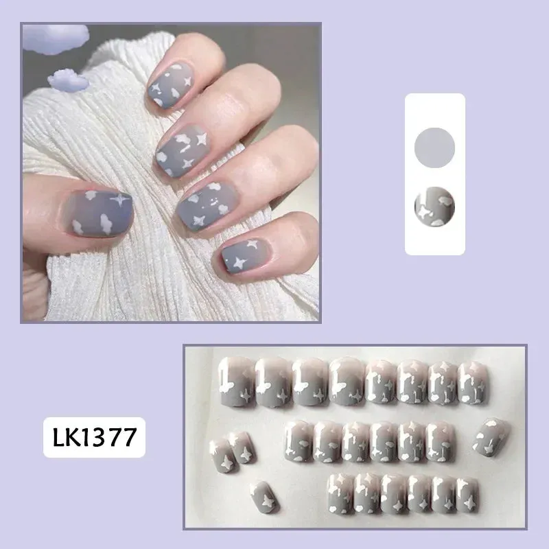 Wenkouban-24Pcs Christmas New Purple Rabbit Cute Short False Nails Tips Snowman Elk Pattern Design Wearable Fake Nails Press On Nail Art