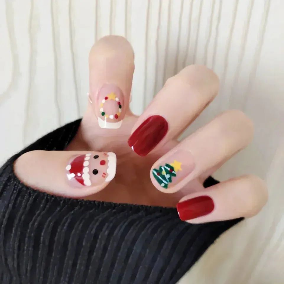 Wenkouban-24Pcs Christmas New Purple Rabbit Cute Short False Nails Tips Snowman Elk Pattern Design Wearable Fake Nails Press On Nail Art