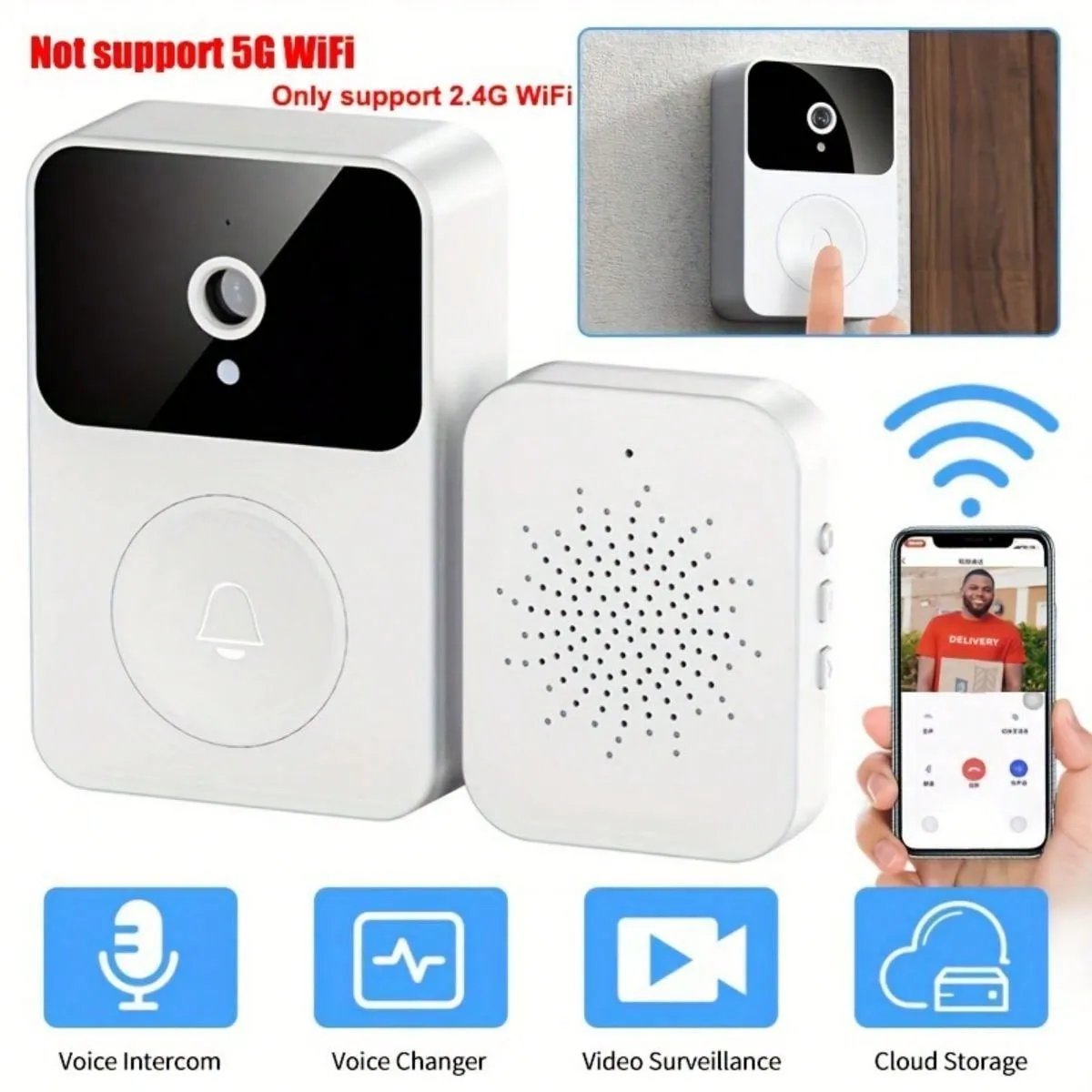 White Wireless Video Doorbell Camera, Smart Home Intercom