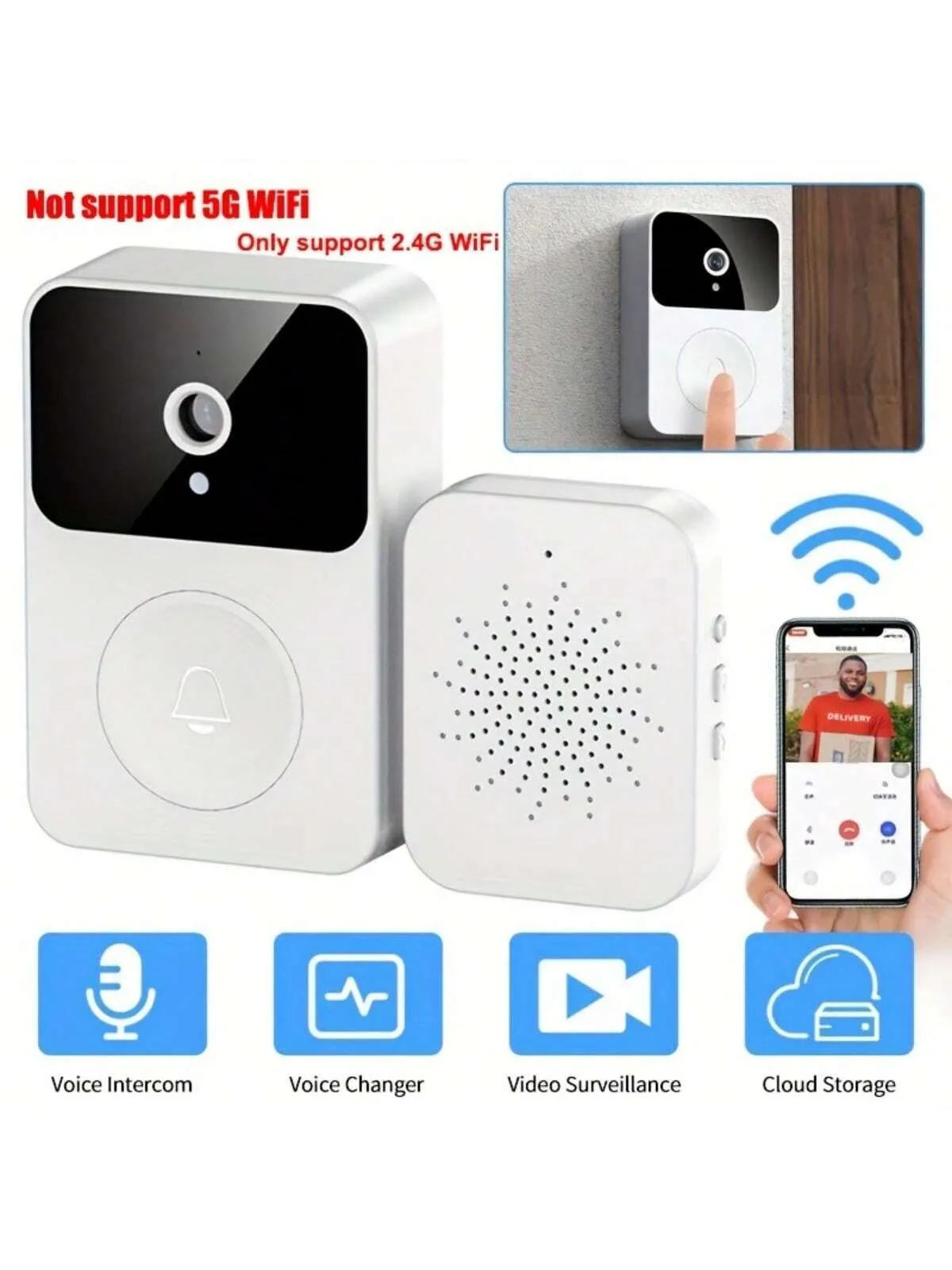 White Wireless Video Doorbell Camera, Smart Home Intercom