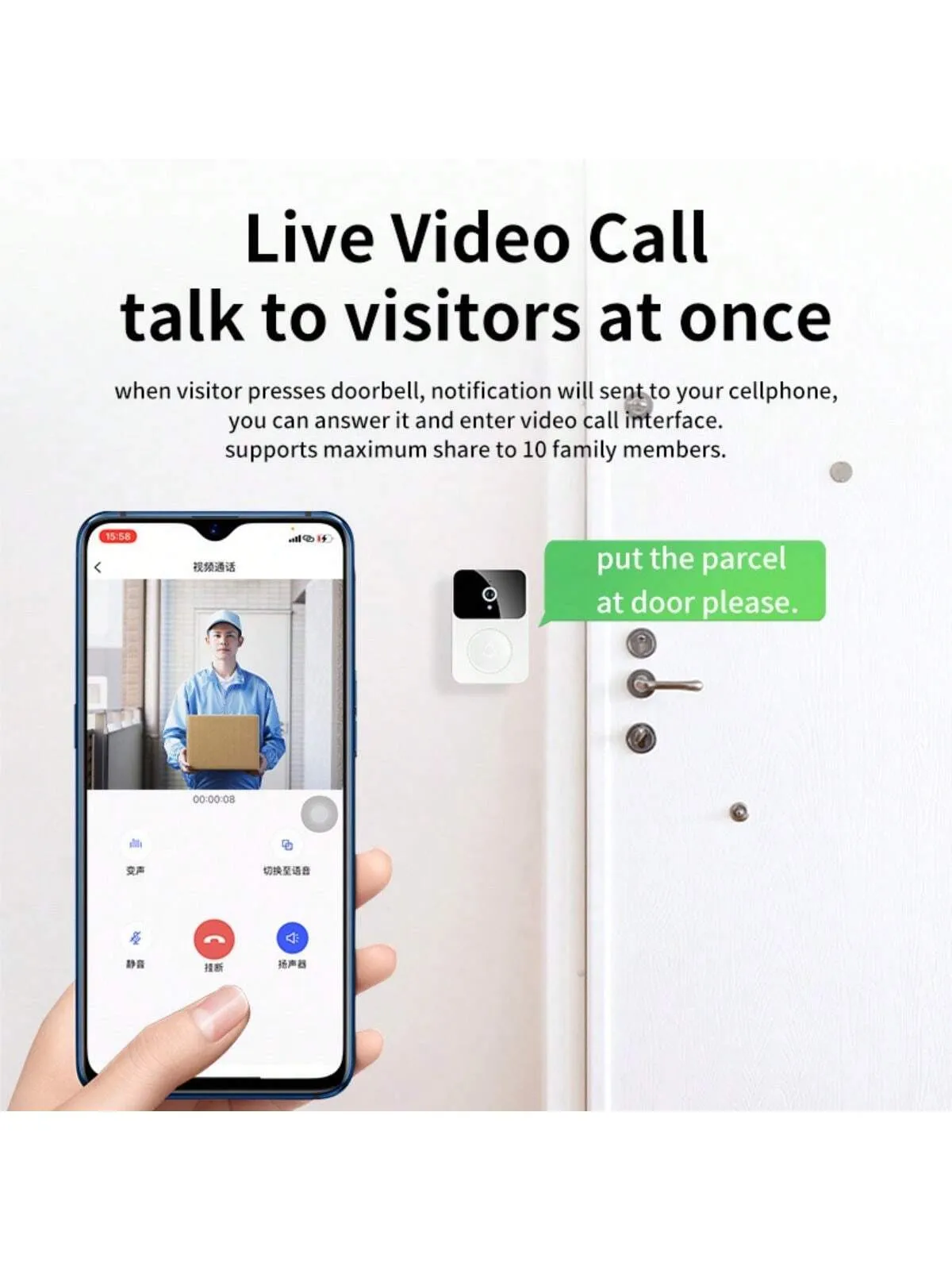 White Wireless Video Doorbell Camera, Smart Home Intercom