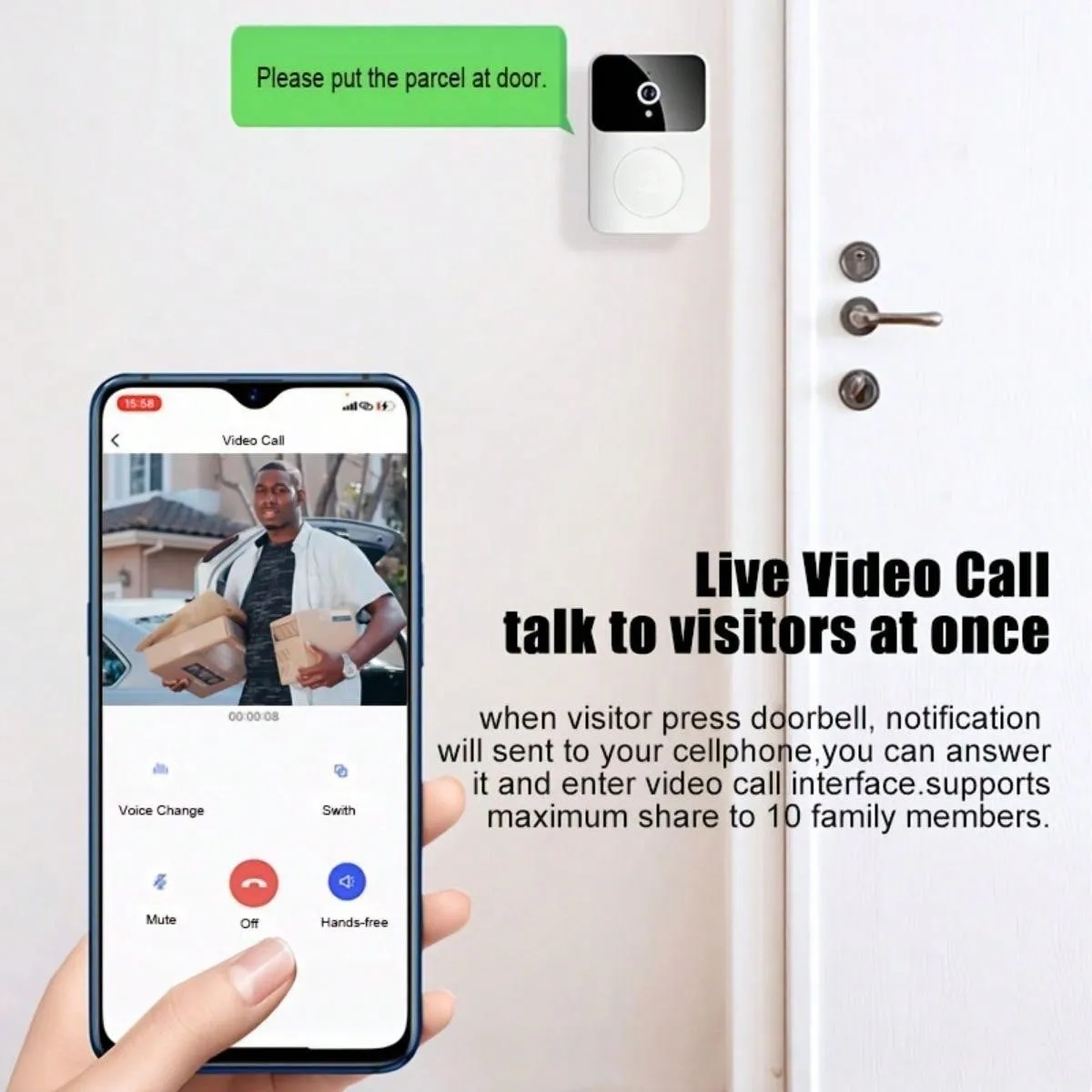 White Wireless Video Doorbell Camera, Smart Home Intercom