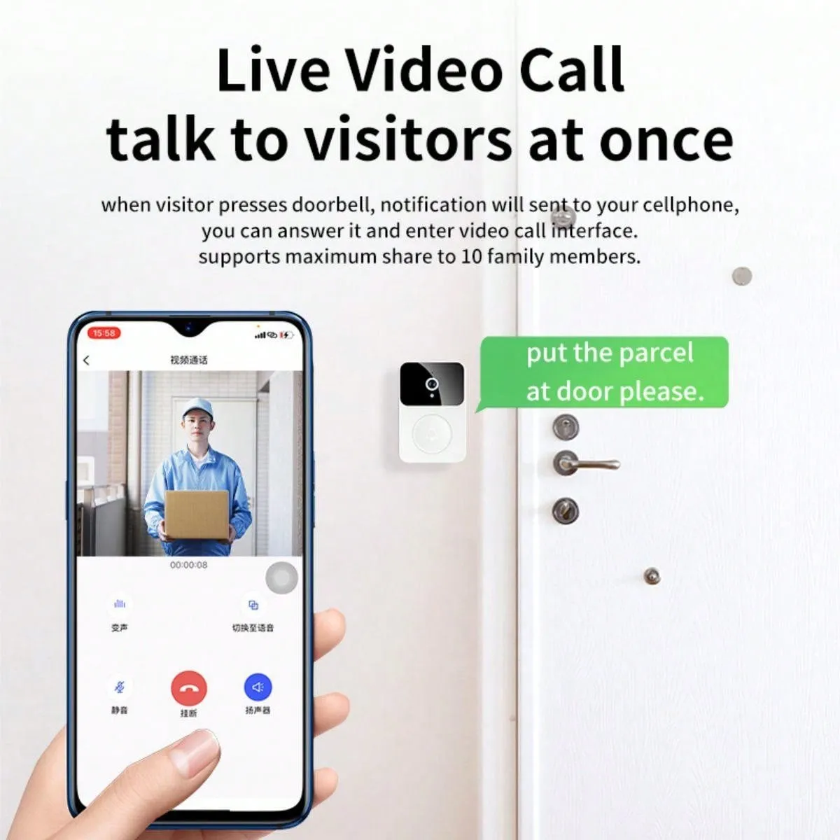 White Wireless Video Doorbell Camera, Smart Home Intercom
